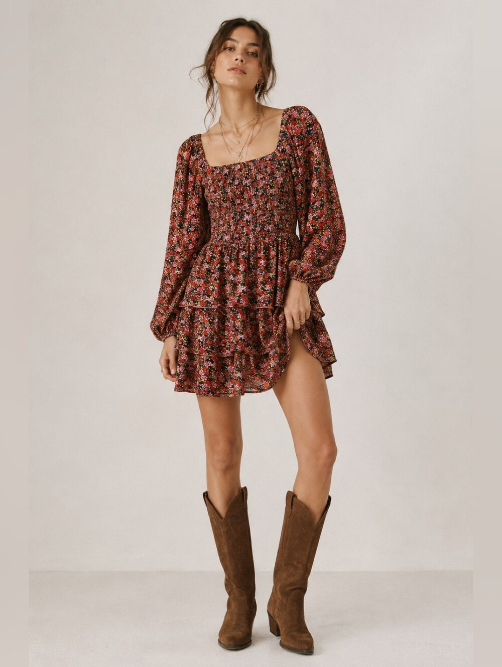 BTFBM Smocked Floral Dress Tiered Boho Style
